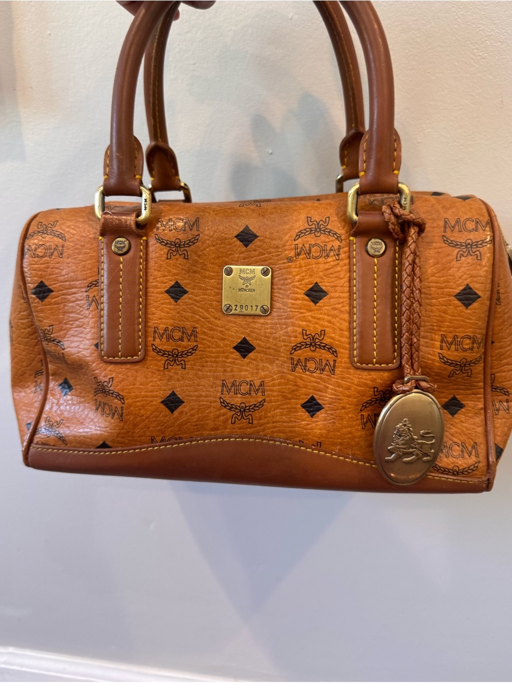 MCM Cognac Visetos Satchel with Gold Hardware
